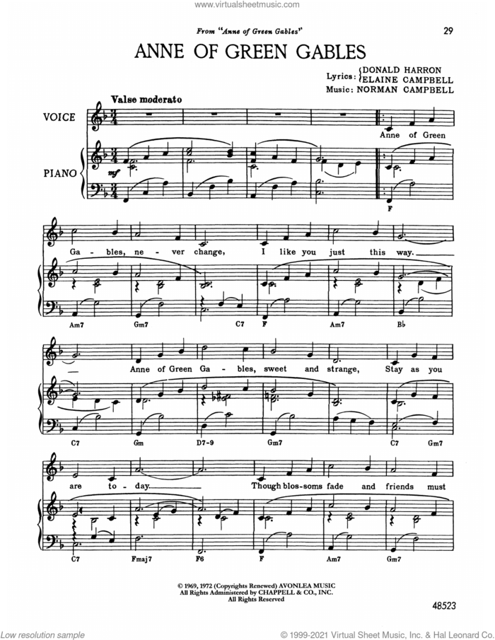 Anne Of Green Gables (from Anne Of Green Gables) sheet music for voice and piano by Norman Campbell, Donald Harron, Elaine Campbell and Maynor Moore, intermediate skill level