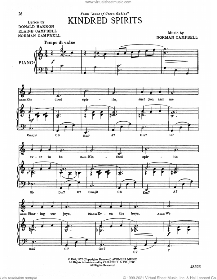 Kindred Spirits (from Anne Of Green Gables) sheet music for voice and piano by Norman Campbell, Donald Harron and Elaine Campbell, intermediate skill level