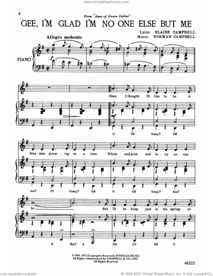 Gee, I'm Glad I'm No One Else But Me (from Anne Of Green Gables) sheet music for voice and piano by Norman Campbell, Donald Harron and Elaine Campbell, intermediate skill level