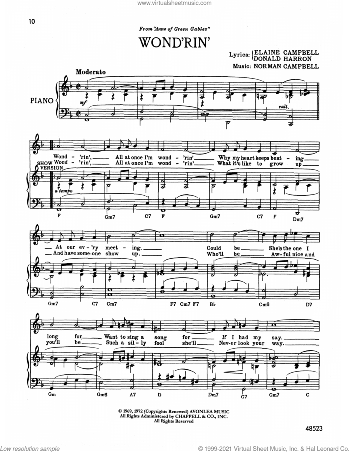 Wond'rin' (from Anne Of Green Gables) sheet music for voice and piano by Norman Campbell, Donald Harron and Elaine Campbell, intermediate skill level