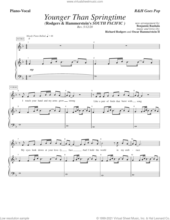 Younger Than Springtime [R&H Goes Pop! version] (from South Pacific) sheet music for voice and piano by Rodgers & Hammerstein, Benjamin Rauhala, Oscar II Hammerstein and Richard Rodgers, intermediate skill level