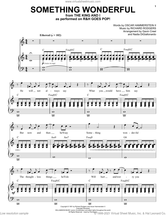 Something Wonderful [R&H Goes Pop! version] (from The King And I) sheet music for voice and piano by Rodgers & Hammerstein, Gavin Creel, Nadia DiGiallonardo, Oscar II Hammerstein and Richard Rodgers, intermediate skill level