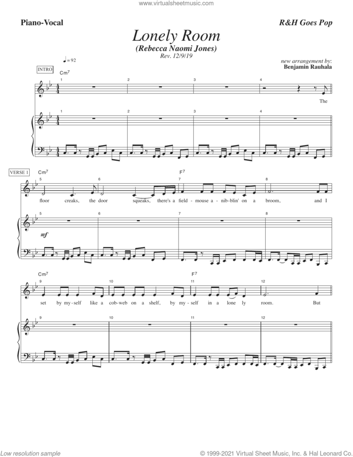 Lonely Room [R&H Goes Pop! version] (from Oklahoma!) sheet music for voice and piano by Rodgers & Hammerstein, Benjamin Rauhala, Oscar II Hammerstein and Richard Rodgers, intermediate skill level