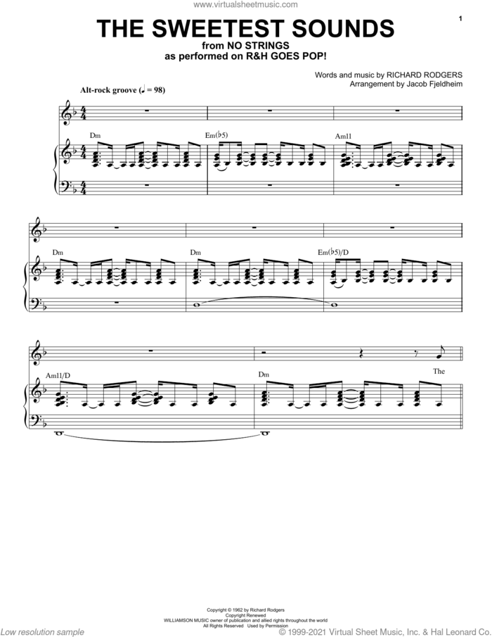The Sweetest Sounds [R&H Goes Pop! version] (from No Strings) sheet music for voice and piano by Richard Rodgers and Jacob Fjeldheim, intermediate skill level