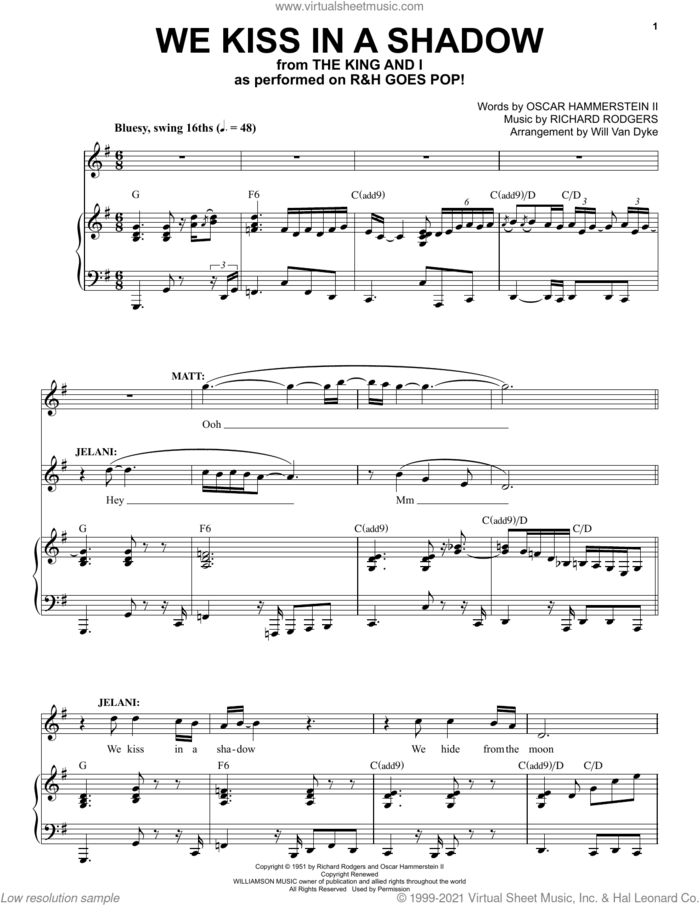 We Kiss In A Shadow [R&H Goes Pop! version] (from The King And I) sheet music for voice and piano by Rodgers & Hammerstein, Will Van Dyke, Oscar II Hammerstein and Richard Rodgers, intermediate skill level