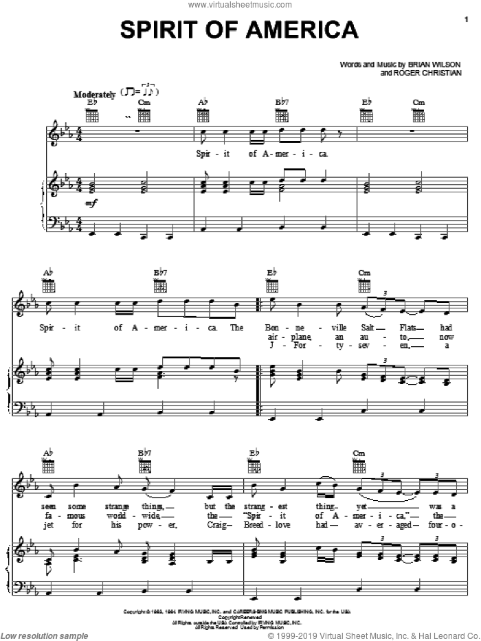 Spirit Of America sheet music for voice, piano or guitar by The Beach Boys, Brian Wilson and Roger Christian, intermediate skill level