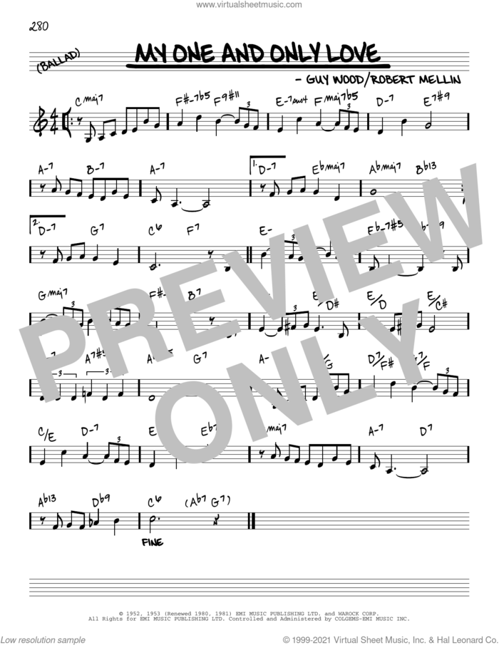 My One And Only Love [Reharmonized version] (arr. Jack Grassel) sheet music for voice and other instruments (real book) by Robert Mellin, Jack Grassel and Guy Wood, intermediate skill level