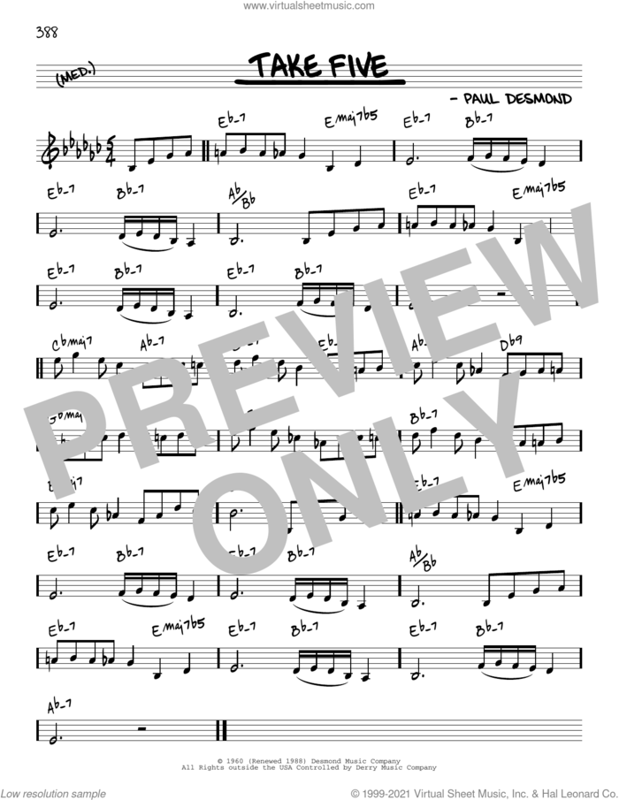 Take Five [Reharmonized version] (arr. Jack Grassel) sheet music for voice and other instruments (real book) by Paul Desmond and Jack Grassel, intermediate skill level