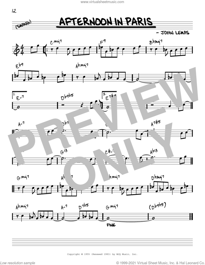 Afternoon In Paris [Reharmonized version] (arr. Jack Grassel) sheet music for voice and other instruments (real book) by John Lewis and Jack Grassel, intermediate skill level