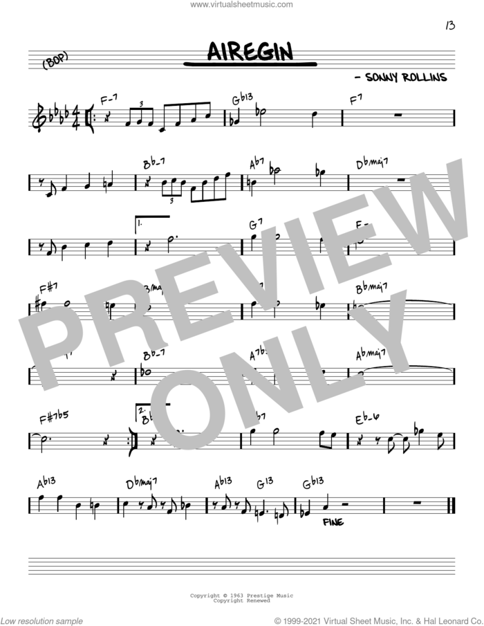 Airegin [Reharmonized version] (arr. Jack Grassel) sheet music for voice and other instruments (real book) by John Coltrane, Jack Grassel and Sonny Rollins, intermediate skill level