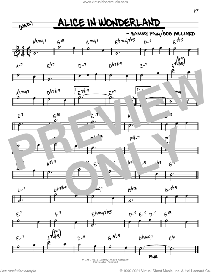 Alice In Wonderland [Reharmonized version] (arr. Jack Grassel) sheet music for voice and other instruments (real book) by Bill Evans, Jack Grassel, Bob Hilliard and Sammy Fain, intermediate skill level