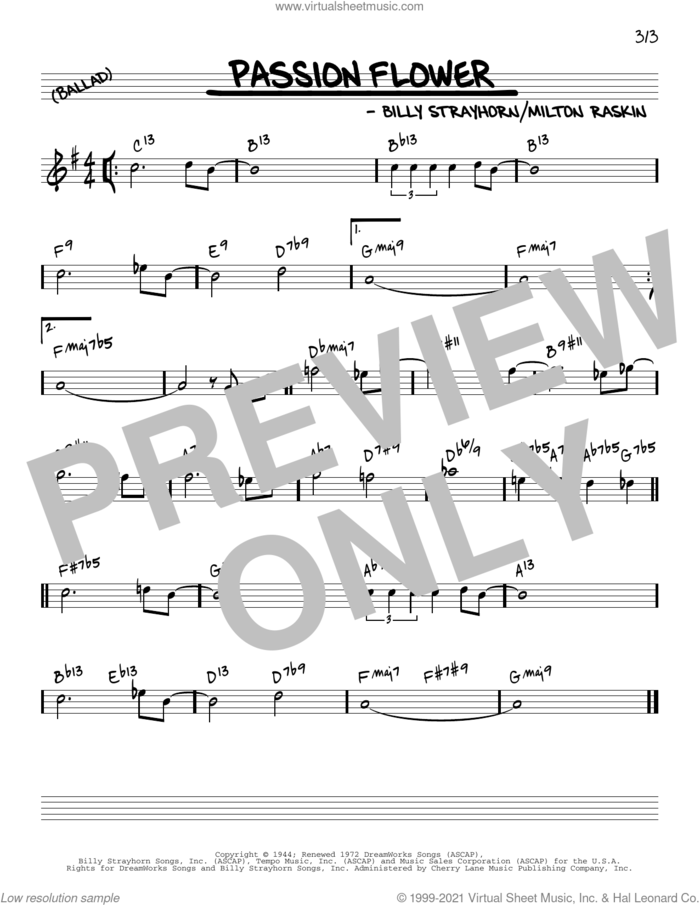 Passion Flower [Reharmonized version] (arr. Jack Grassel) sheet music for voice and other instruments (real book) by Billy Strayhorn, Jack Grassel and Milton Raskin, intermediate skill level