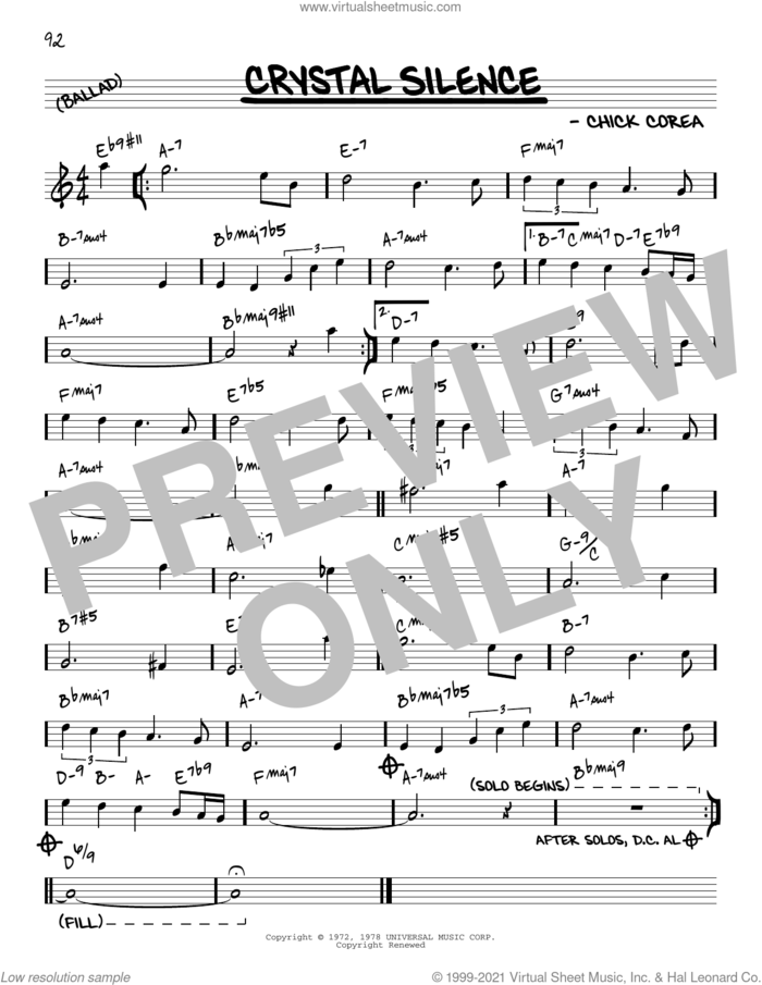 Crystal Silence [Reharmonized version] (arr. Jack Grassel) sheet music for voice and other instruments (real book) by Chick Corea, Jack Grassel and Neville Potter, intermediate skill level