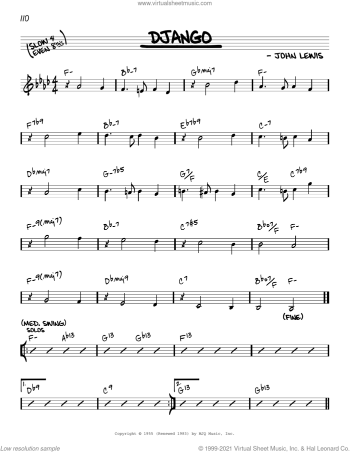 Django [Reharmonized version] (arr. Jack Grassel) sheet music for voice and other instruments (real book) by John Lewis and Jack Grassel, intermediate skill level