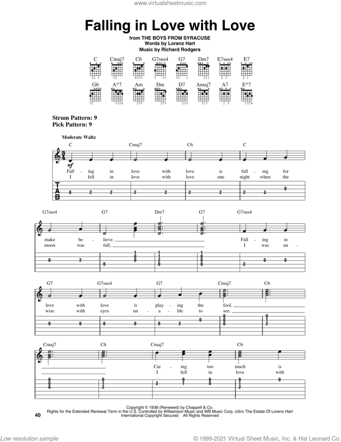Falling In Love With Love (from The Boys From Syracuse) sheet music for guitar solo (easy tablature) by Rodgers & Hart, Lorenz Hart and Richard Rodgers, easy guitar (easy tablature)