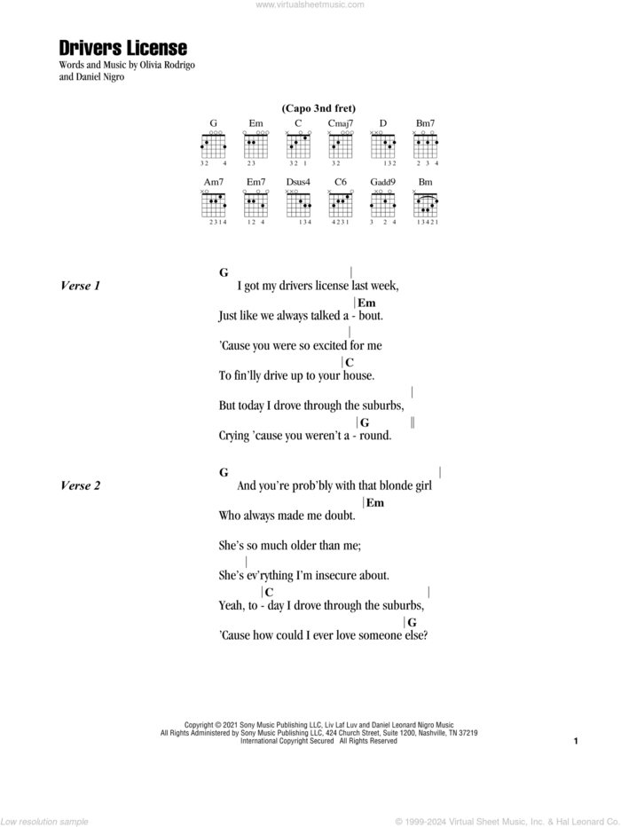 drivers license sheet music for guitar (chords) by Olivia Rodrigo and Daniel Nigro, intermediate skill level