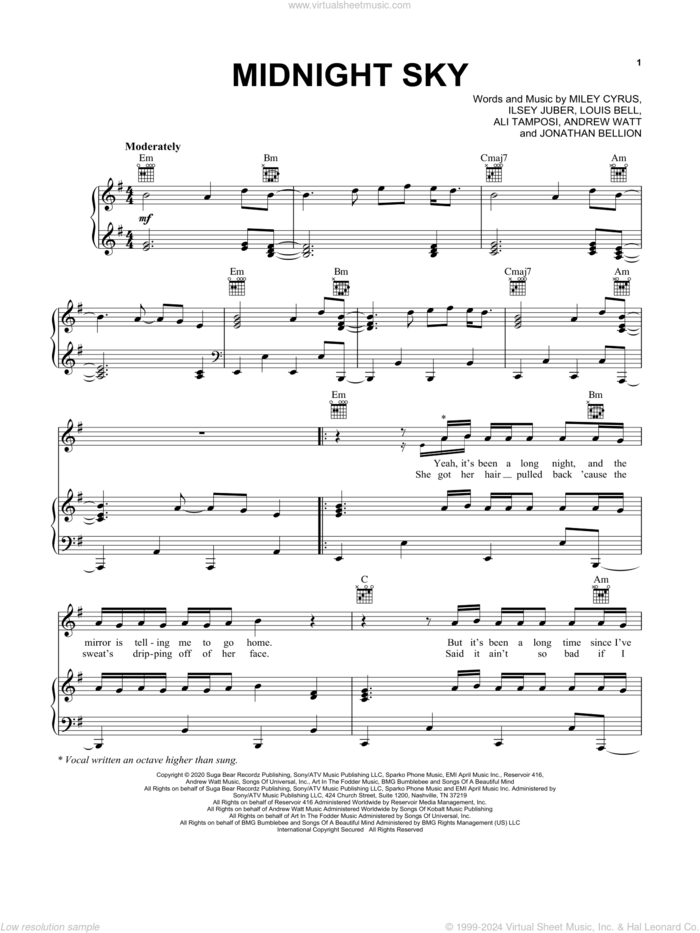 Midnight Sky sheet music for voice, piano or guitar by Miley Cyrus, Ali Tamposi, Andrew Watt, Ilsey Juber, Johnathan Bellion and Louis Bell, intermediate skill level