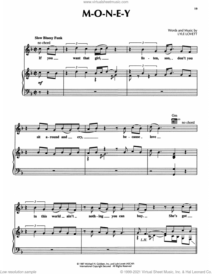 M-O-N-E-Y (from The Firm) sheet music for piano solo by Lyle Lovett, intermediate skill level