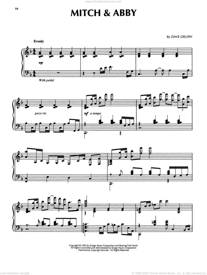 Mitch and Abby (from The Firm) sheet music for piano solo by Dave Grusin, intermediate skill level