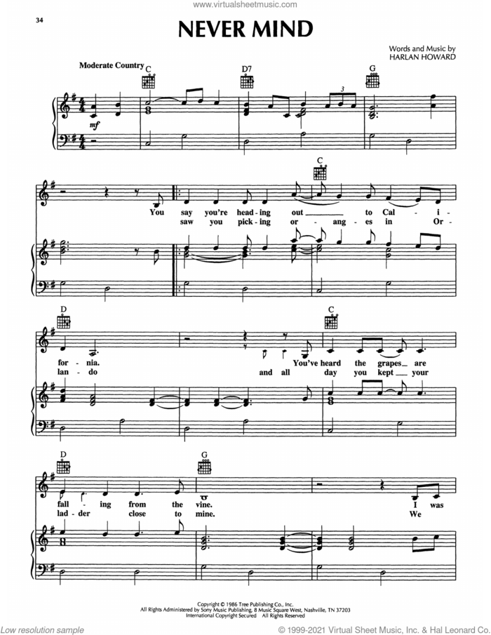 Never Mind (from The Firm) sheet music for piano solo by Nanci Griffith and Harlan Howard, intermediate skill level