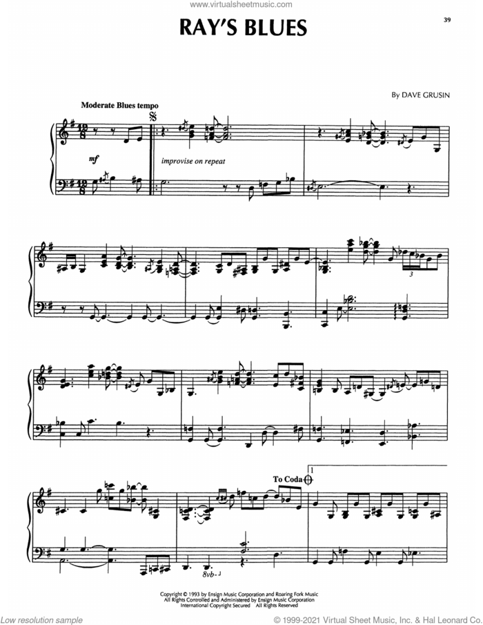 Ray's Blues (from The Firm) sheet music for piano solo by Dave Grusin, intermediate skill level