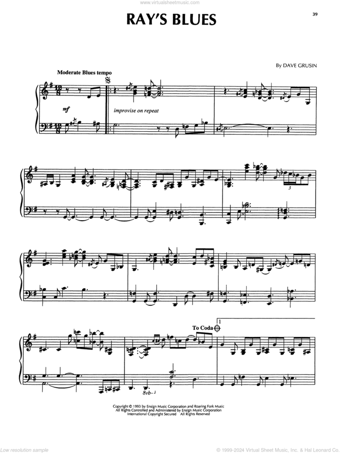 Ray's Blues (from The Firm) sheet music for piano solo by Dave Grusin, intermediate skill level