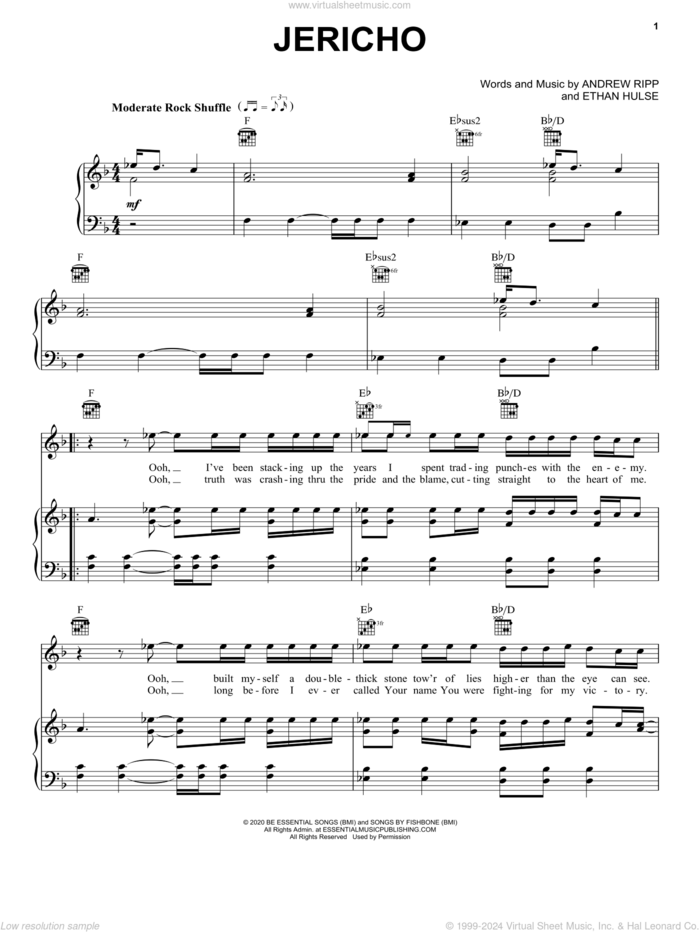 Jericho sheet music for voice, piano or guitar by Andrew Ripp and Ethan Hulse, intermediate skill level
