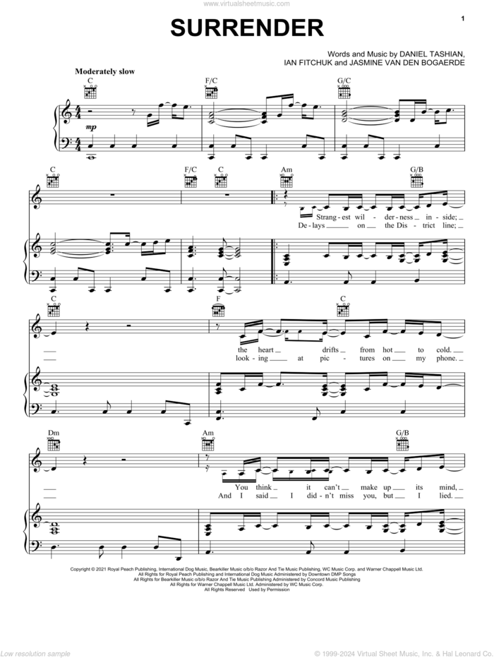 Surrender sheet music for voice, piano or guitar by Birdy, Daniel Tashian, Ian Fitchuk and Jasmine Van Den Bogaerde, intermediate skill level