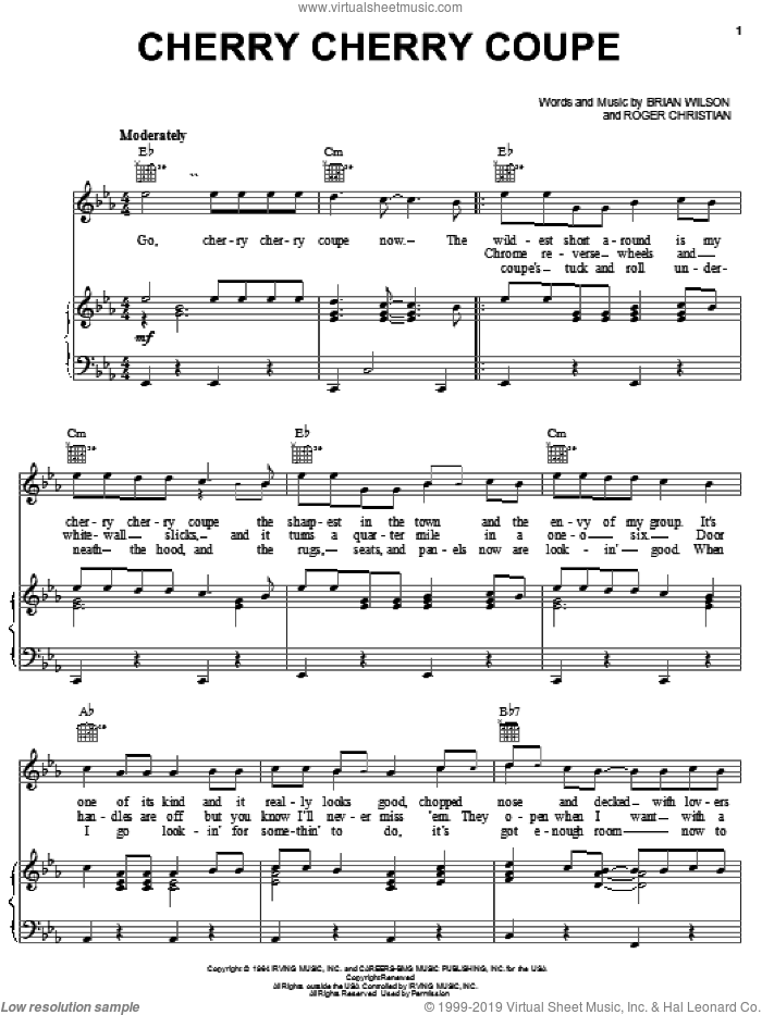 Cherry Cherry Coupe sheet music for voice, piano or guitar by The Beach Boys, Brian Wilson and Roger Christian, intermediate skill level