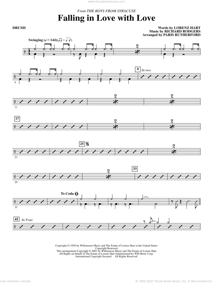 Falling in Love with Love (from The Boys From Syracuse) (arr. Paris Rutherford) sheet music for orchestra/band (drums) by Rodgers & Hart, Paris Rutherford, Lorenz Hart and Richard Rodgers, intermediate skill level