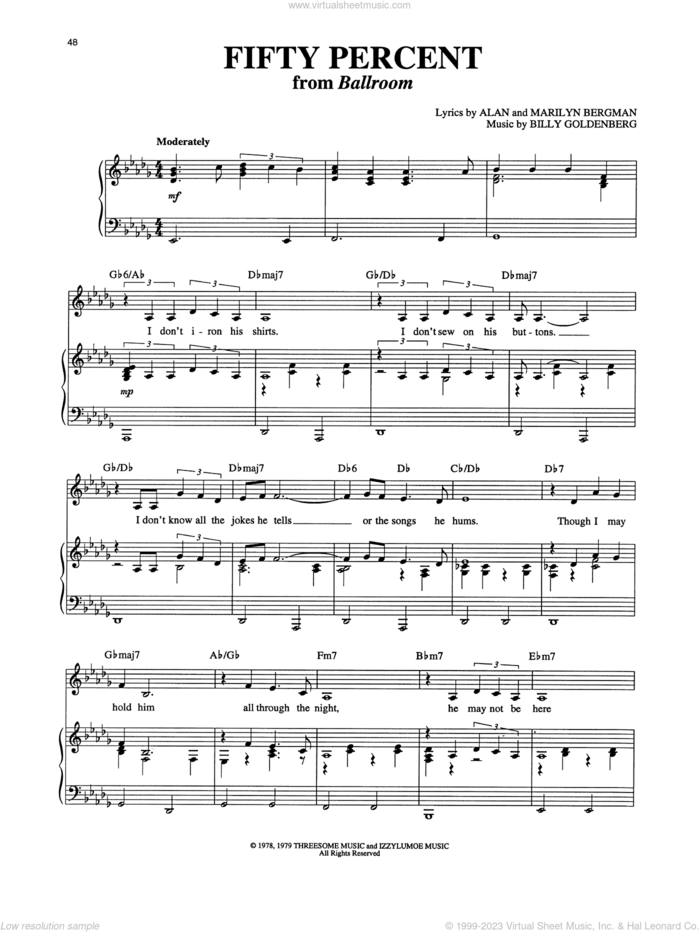 Fifty Percent (from Ballroom) sheet music for voice and piano by Marilyn Bergman, Richard Walters, Alan Bergman and Billy Goldenberg, classical score, intermediate skill level