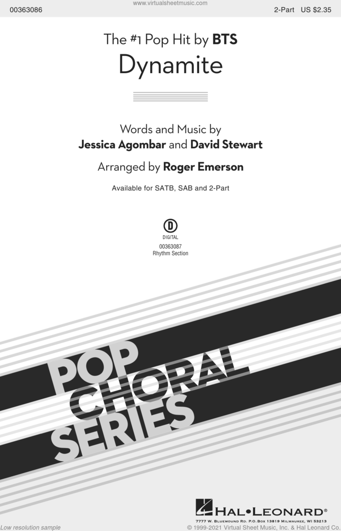 Dynamite (arr. Roger Emerson) sheet music for choir (2-Part) by BTS, Roger Emerson, Dave Stewart and Jessica  Agombar, intermediate duet