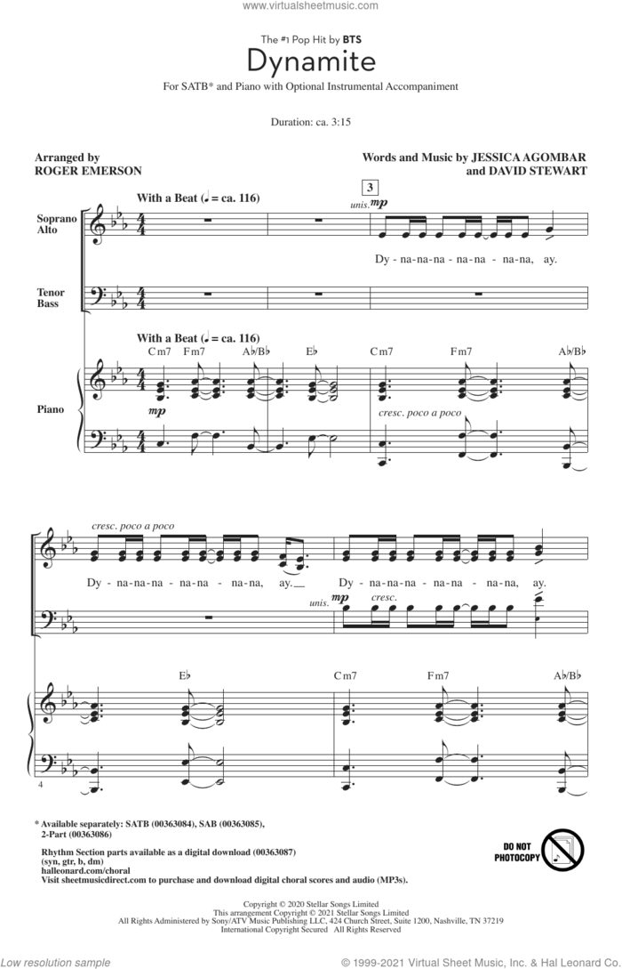 Dynamite (arr. Roger Emerson) sheet music for choir (SATB: soprano, alto, tenor, bass) by BTS, Roger Emerson, Dave Stewart and Jessica  Agombar, intermediate skill level