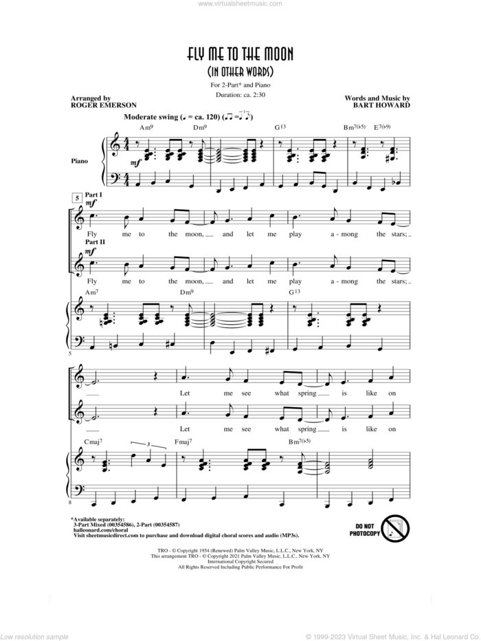 Fly Me To The Moon (In Other Words) (arr. Roger Emerson) sheet music for choir (2-Part) by Bart Howard, Roger Emerson, Frank Sinatra and Tony Bennett, wedding score, intermediate duet