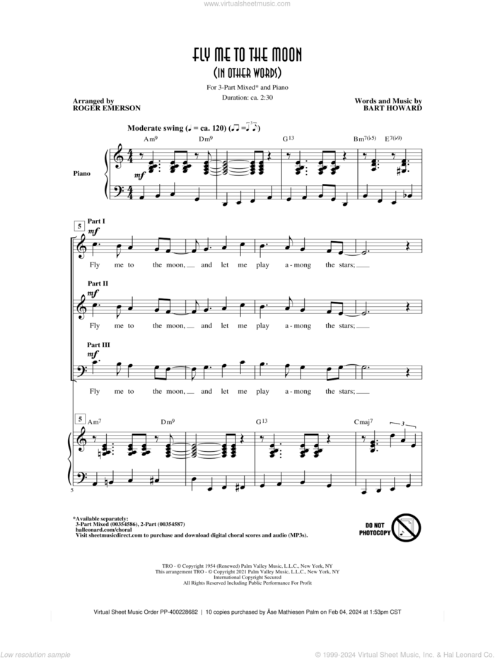 Fly Me To The Moon (In Other Words) (arr. Roger Emerson) sheet music for choir (3-Part Mixed) by Bart Howard, Roger Emerson, Frank Sinatra and Tony Bennett, wedding score, intermediate skill level