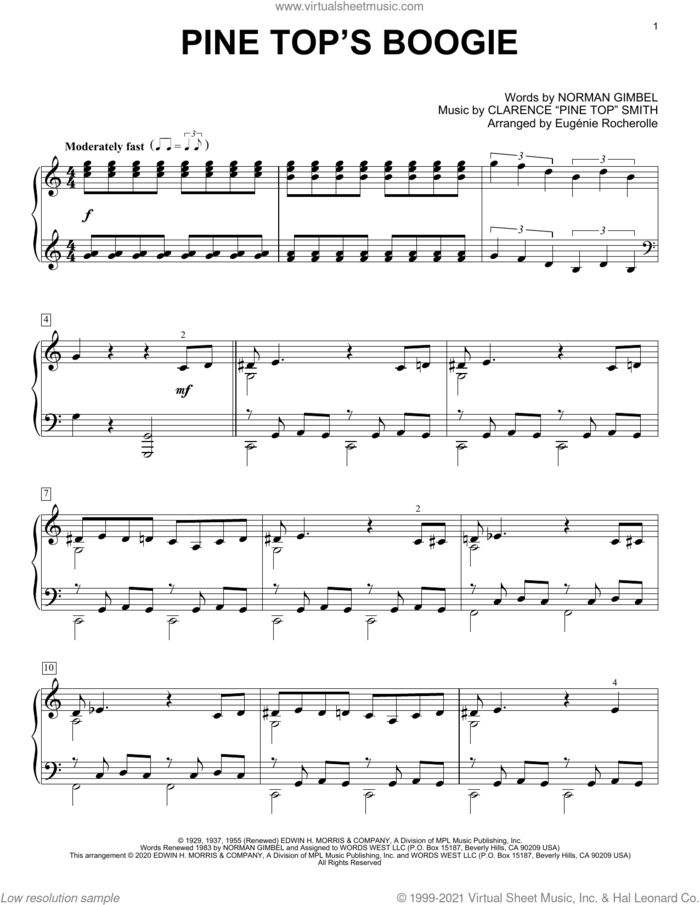 Pine Top's Boogie [Boogie-woogie version] (arr. Eugenie Rocherolle) sheet music for piano solo by Clarence 'Pine Top' Smith, Eugenie Rocherolle and Norman Gimbel, intermediate skill level