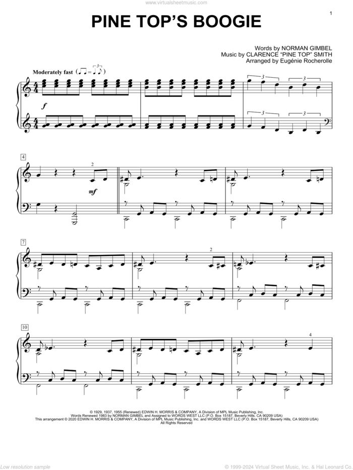 Pine Top's Boogie [Boogie-woogie version] (arr. Eugenie Rocherolle) sheet music for piano solo by Clarence 'Pine Top' Smith, Eugenie Rocherolle and Norman Gimbel, intermediate skill level