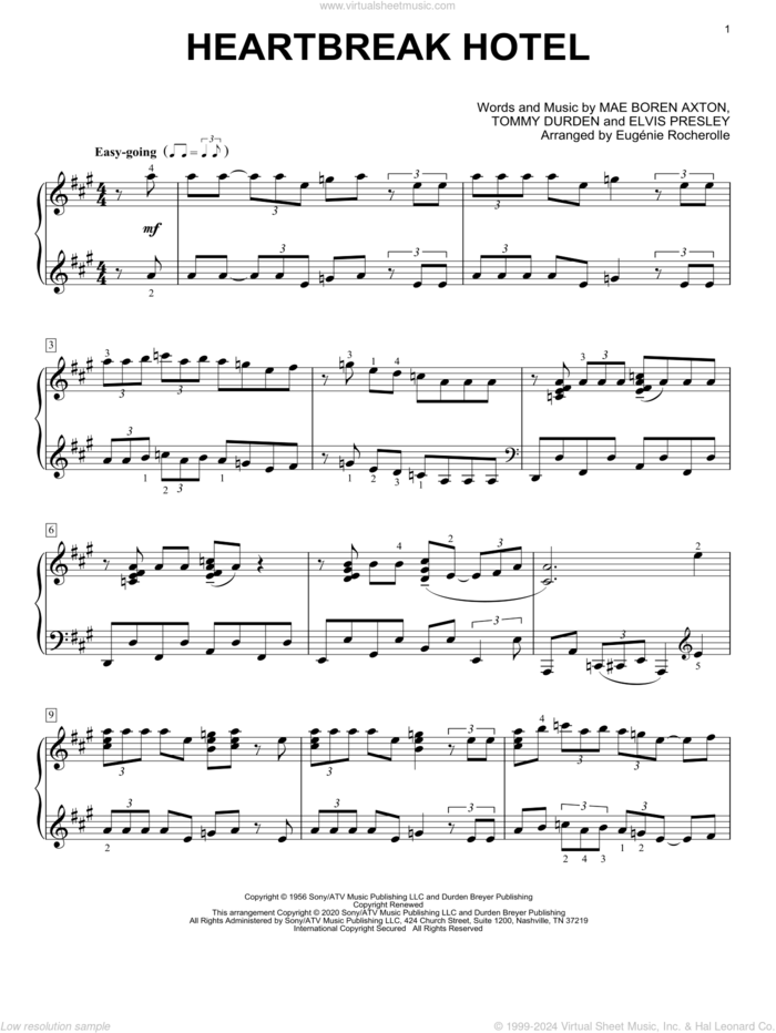 Heartbreak Hotel [Boogie-woogie version] (arr. Eugenie Rocherolle) sheet music for piano solo by Elvis Presley, Eugenie Rocherolle, Mae Boren Axton and Tommy Durden, intermediate skill level