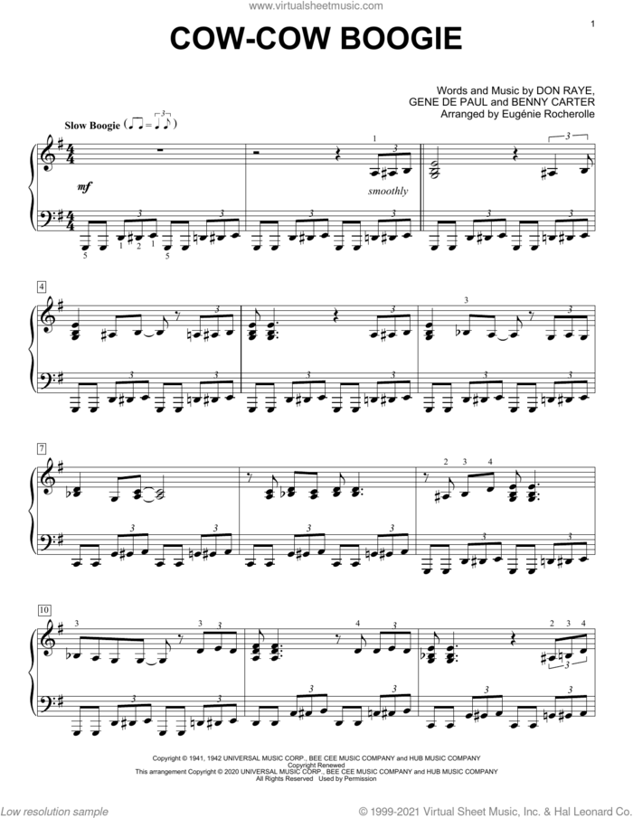 Cow-Cow Boogie [Boogie-woogie version] (arr. Eugenie Rocherolle) sheet music for piano solo by Freddie Slack & His Orchestra, Eugenie Rocherolle, Benny Carter, Don Raye and Gene DePaul, intermediate skill level