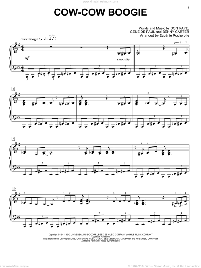 Cow-Cow Boogie [Boogie-woogie version] (arr. Eugenie Rocherolle) sheet music for piano solo by Freddie Slack & His Orchestra, Eugenie Rocherolle, Benny Carter, Don Raye and Gene DePaul, intermediate skill level