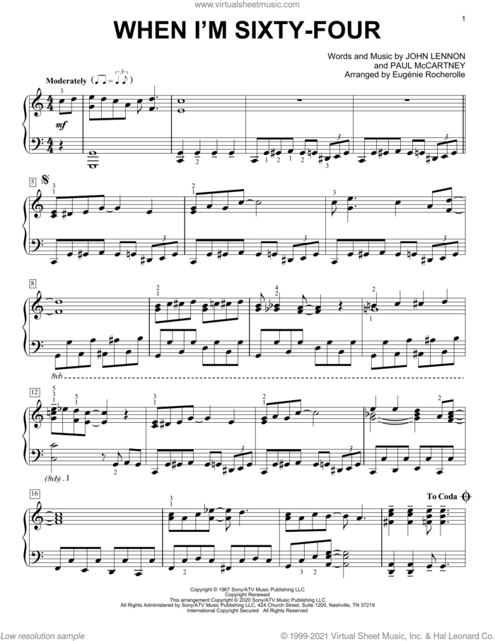 When I'm Sixty-Four [Boogie-woogie version] (arr. Eugenie Rocherolle) sheet music for piano solo by The Beatles, Eugenie Rocherolle, John Lennon and Paul McCartney, intermediate skill level