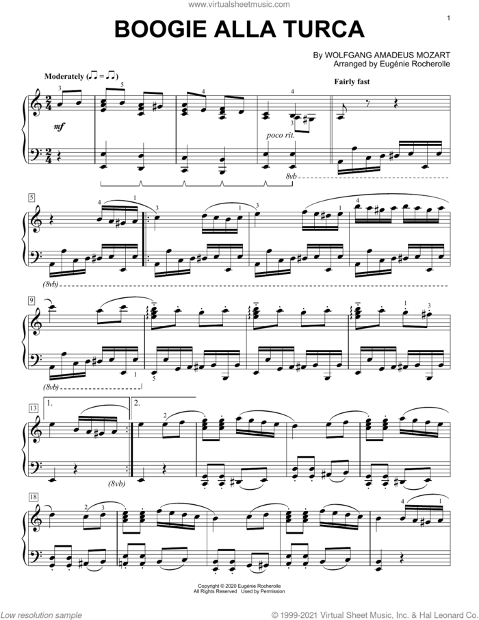 Boogie Alla Turca [Boogie-woogie version] (arr. Eugenie Rocherolle) sheet music for piano solo by Wolfgang Amadeus Mozart and Eugenie Rocherolle, intermediate skill level
