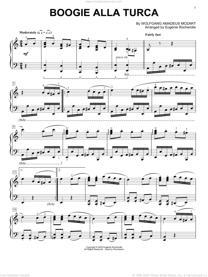 Boogie Alla Turca [Boogie-woogie version] (arr. Eugenie Rocherolle) sheet music for piano solo by Wolfgang Amadeus Mozart and Eugenie Rocherolle, intermediate skill level