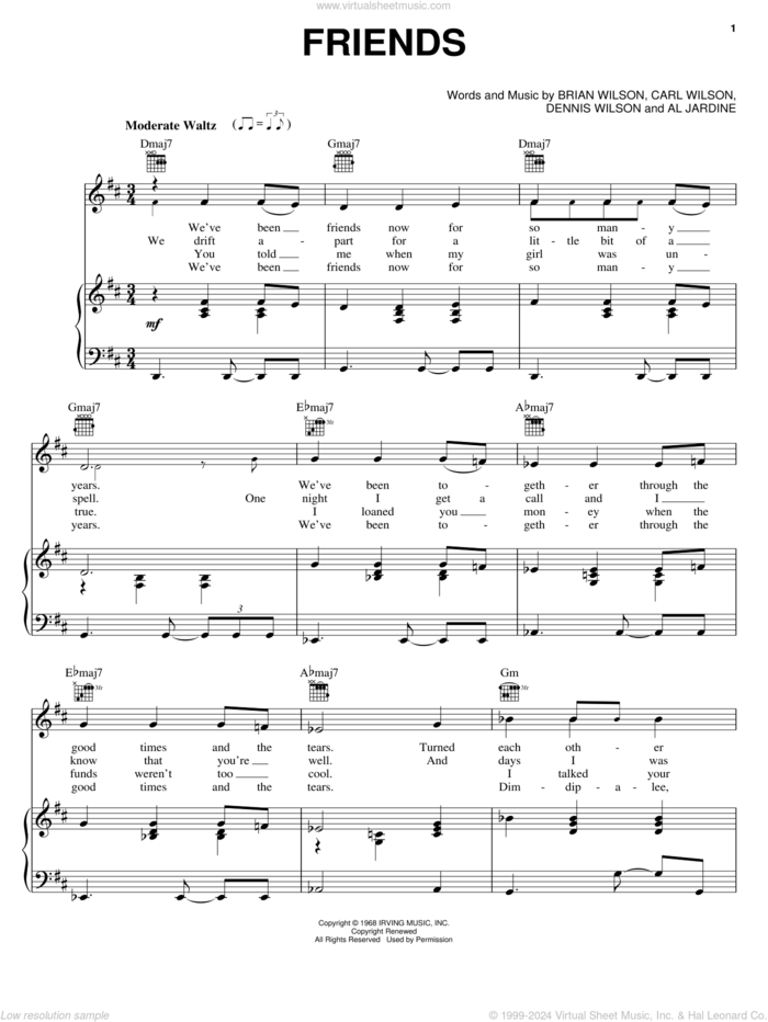 Friends sheet music for voice, piano or guitar by The Beach Boys, Brian Wilson, Carl Wilson and Dennis Wilson, intermediate skill level