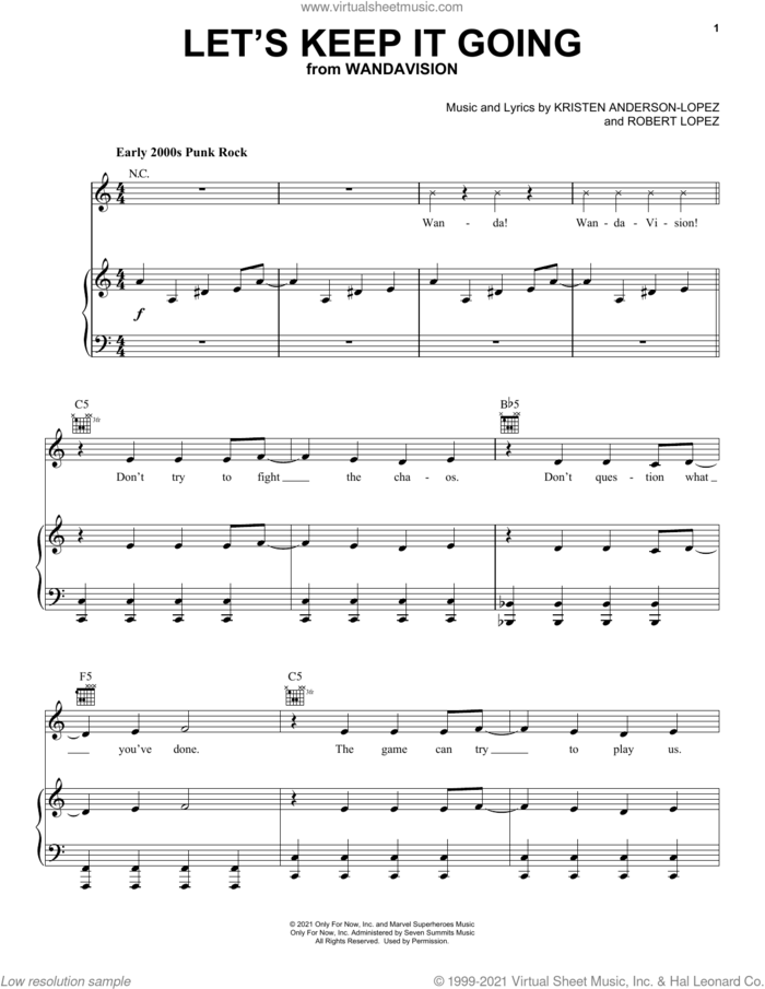 Let's Keep It Going (from WandaVision) sheet music for voice, piano or guitar by Kristen Anderson-Lopez & Robert Lopez, Kristen Anderson-Lopez and Robert Lopez, intermediate skill level