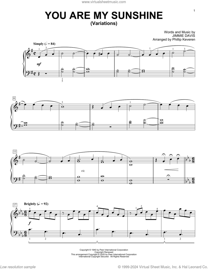 You Are My Sunshine [Classical version] (arr. Phillip Keveren) sheet music for piano solo by Ray Charles, Phillip Keveren, Duane Eddy and Jimmie Davis, intermediate skill level