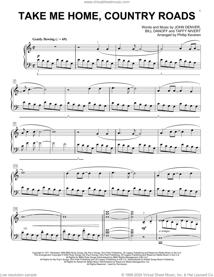 Take Me Home, Country Roads [Classical version] (arr. Phillip Keveren) sheet music for piano solo by John Denver, Phillip Keveren, Bill Danoff and Taffy Nivert, intermediate skill level