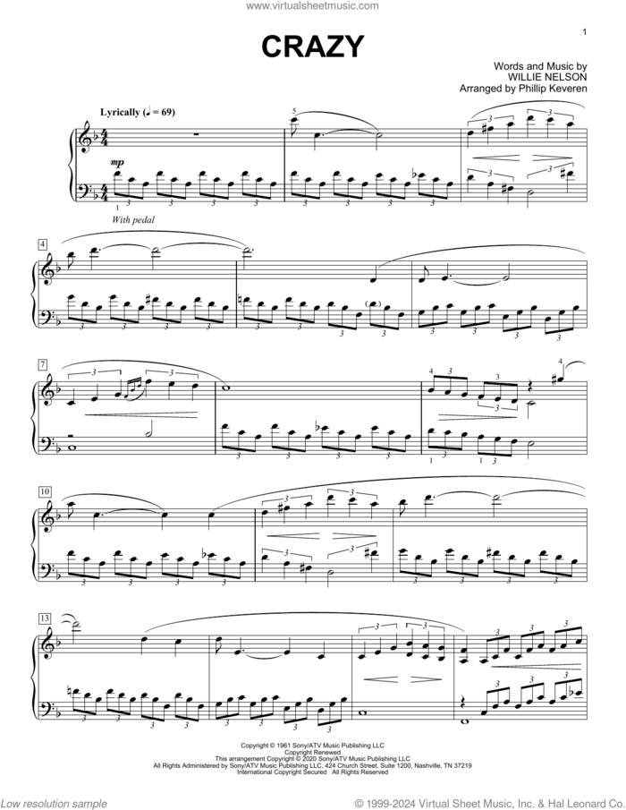 Crazy [Classical version] (arr. Phillip Keveren) sheet music for piano solo by Patsy Cline, Phillip Keveren and Willie Nelson, intermediate skill level