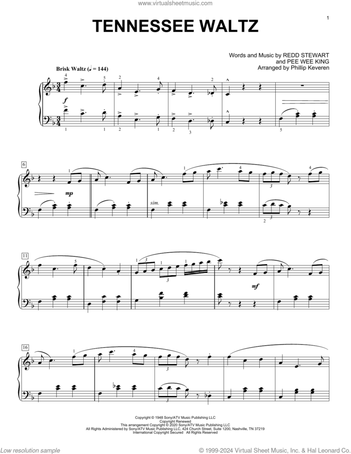 Tennessee Waltz [Classical version] (arr. Phillip Keveren) sheet music for piano solo by Patti Page, Phillip Keveren, Pee Wee King and Redd Stewart, intermediate skill level