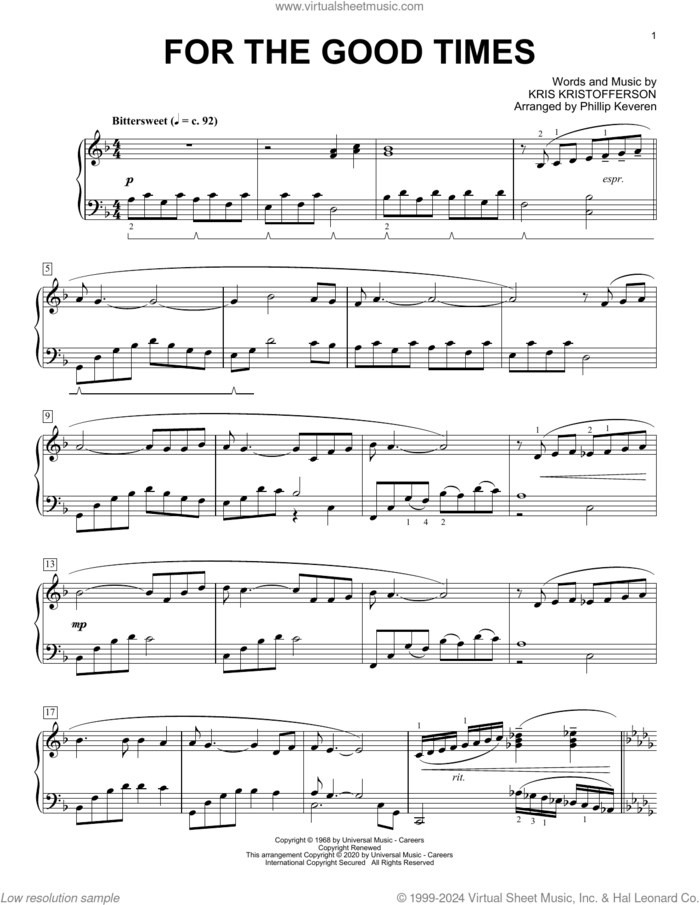 For The Good Times [Classical version] (arr. Phillip Keveren) sheet music for piano solo by Ray Price, Phillip Keveren, Elvis Presley and Kris Kristofferson, intermediate skill level